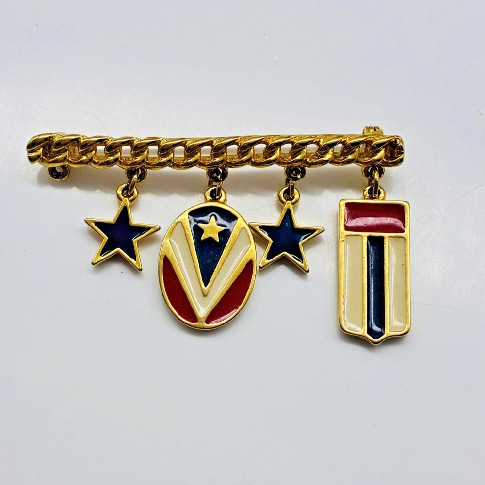 Vintage Patriotic Dangle Brooch Gold Tone Red White Blue Americana Pin Statement